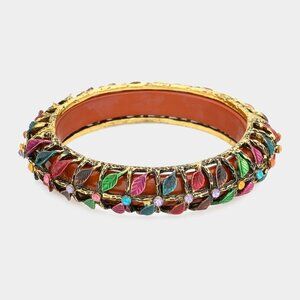 NWT Brown Antique Gold Leaf Crystal Tube Beaded Bangle Bracelet‎